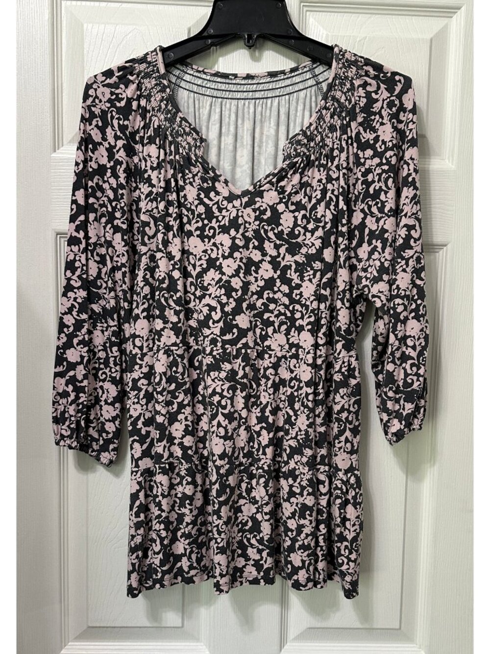 Wonderly Tiered Top Gray & Pink 3/4 Sleeves Floral Print Blouse Size XL